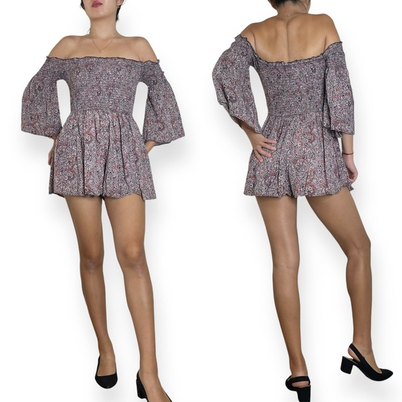 Ecote Boho Chic Witchycore OffShoulder Smocked Paisley Romper Size S - Picture 7 of 16